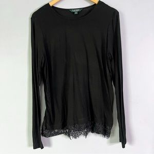 Lauren Ralph Lauren Womens Black Lace Hem Blouse Top Size Medium